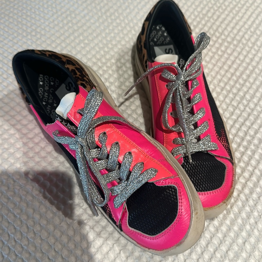 Golden Goose Stardan sneakers. Bright pink with leopard and silver shoelaces